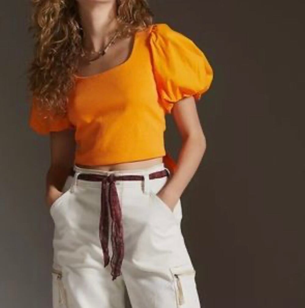 By Anthropologie Orange Puff Sleeve Crop Top Small Tie Back 100% Cotton